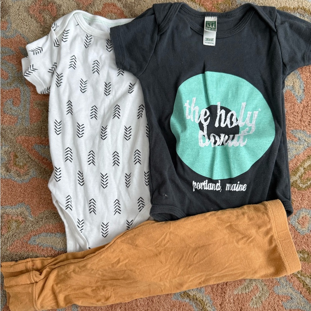 12 month bundle! Outfit: Graphic Tee and Patterned Onesie with Mustard Pants